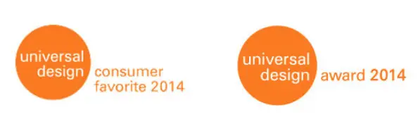 Zwei Auszeichnungen für universelles Design in orange: eine für "Consumer Favorite 2014" und die andere für "Award 2014". Beide Embleme sind klar und schlicht gestaltet.